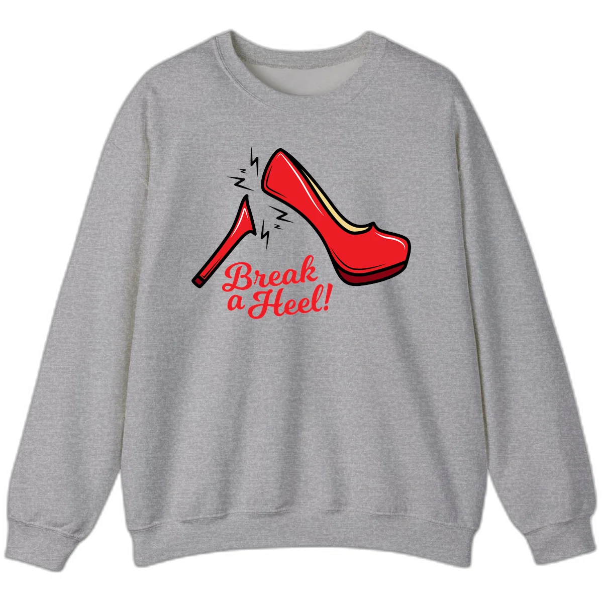Illustration of red high heel shoes with lightning bolts and 'Break a Heel!' text - break-a-heel-fashion design in Sport Grey