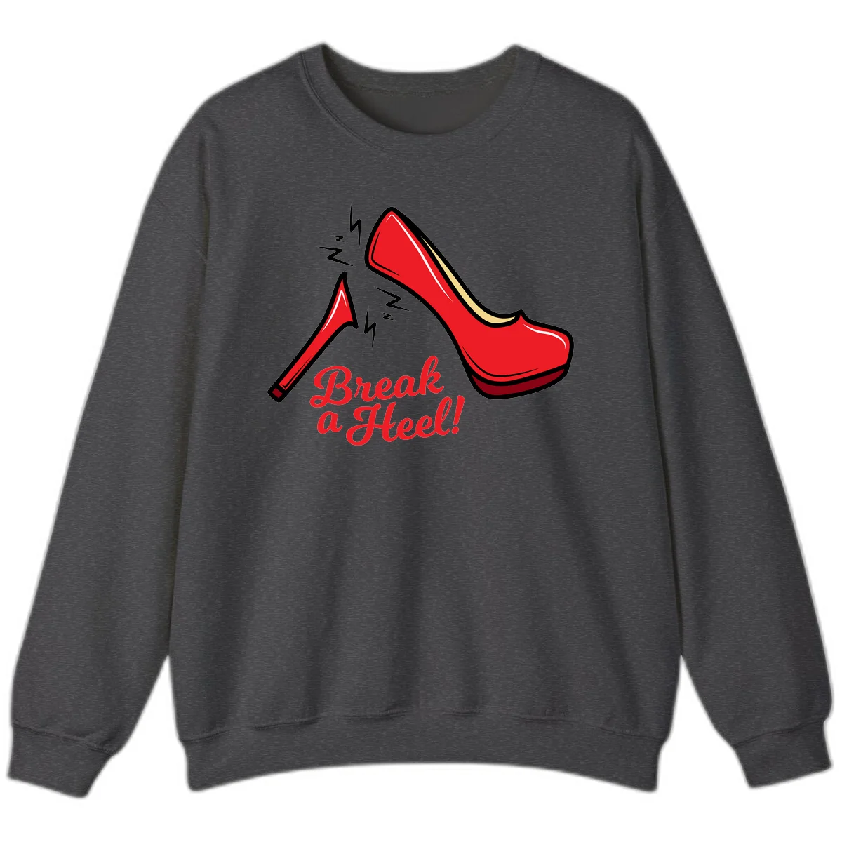 Illustration of red high heel shoes with lightning bolts and 'Break a Heel!' text - break-a-heel-fashion design in Dark Heather