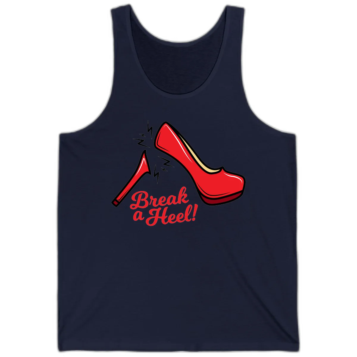 Illustration of red high heel shoes with lightning bolts and 'Break a Heel!' text - break-a-heel-fashion design in Navy