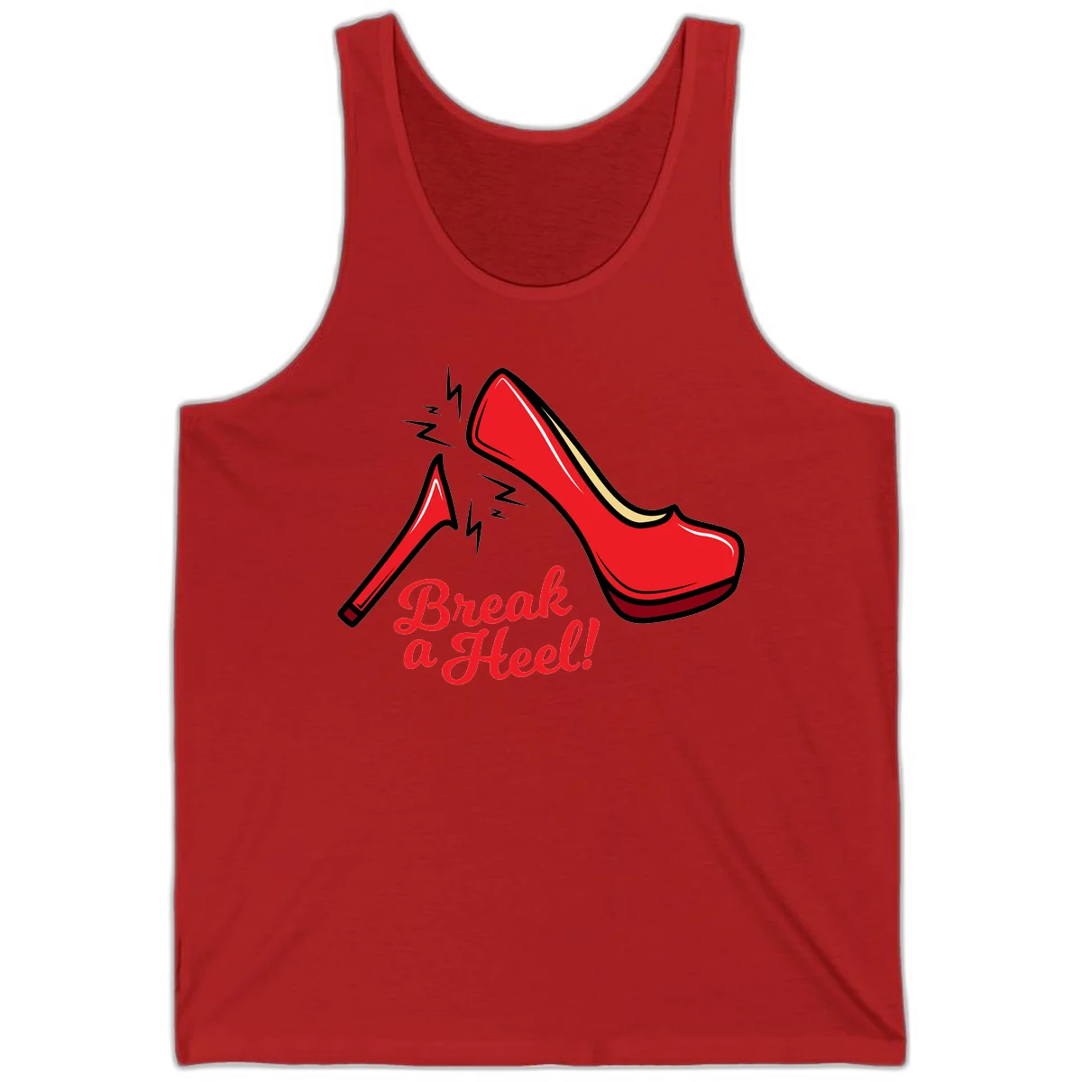 Illustration of red high heel shoes with lightning bolts and 'Break a Heel!' text - break-a-heel-fashion design in Red