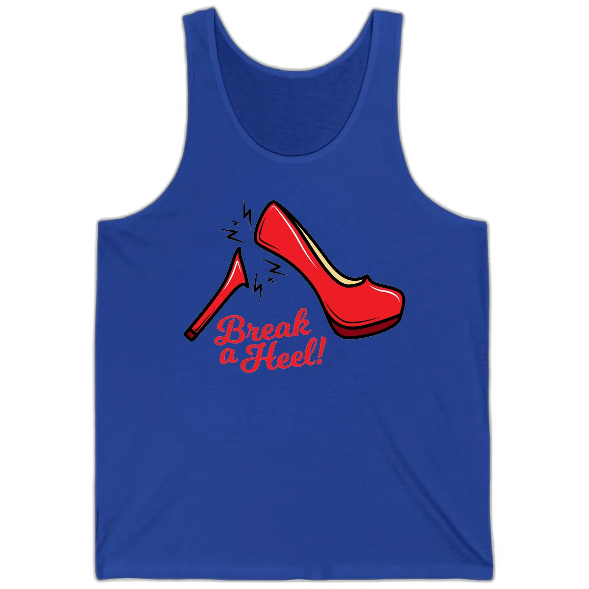 Illustration of red high heel shoes with lightning bolts and 'Break a Heel!' text - break-a-heel-fashion design in True Royal
