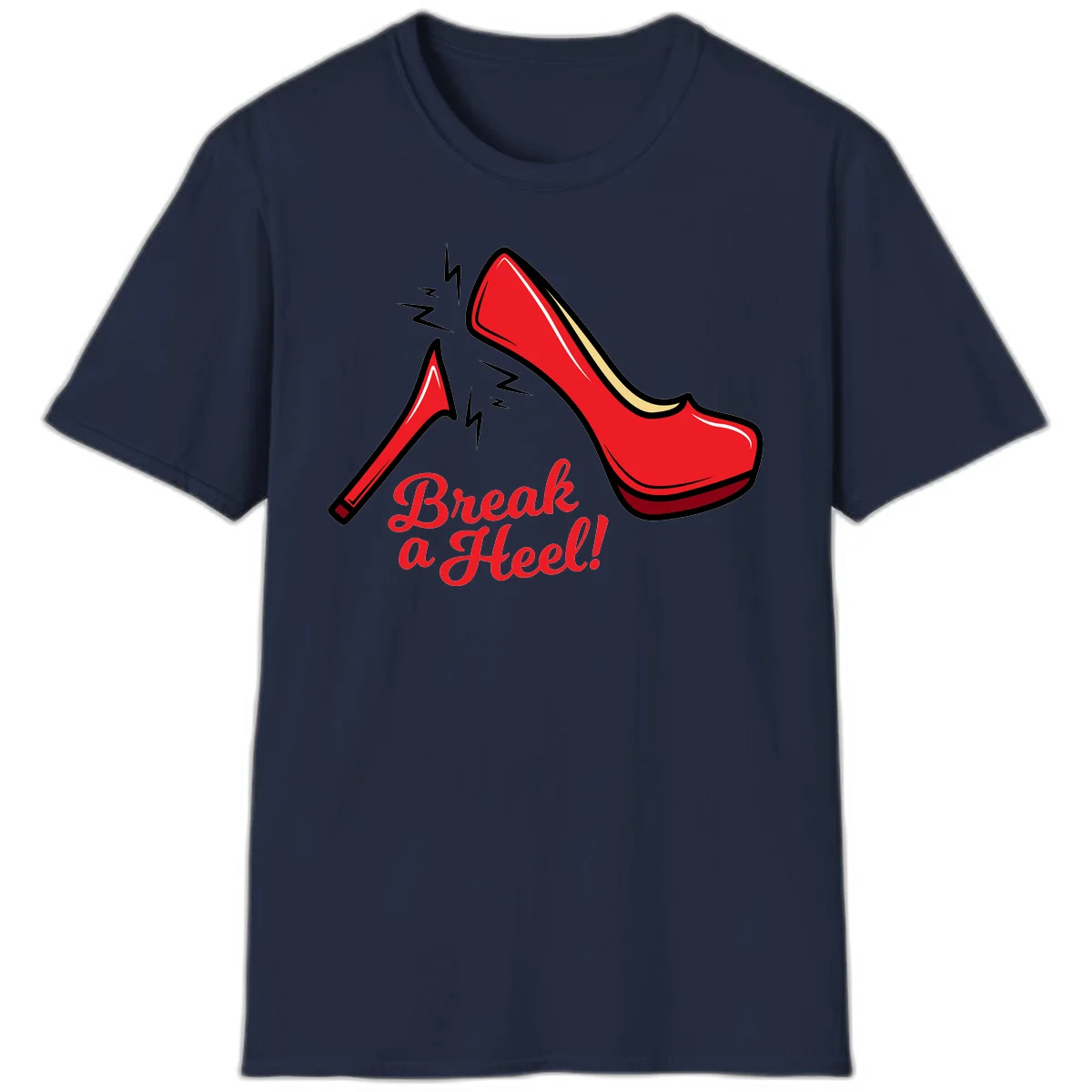 Illustration of red high heel shoes with lightning bolts and 'Break a Heel!' text - break-a-heel-fashion design in Navy