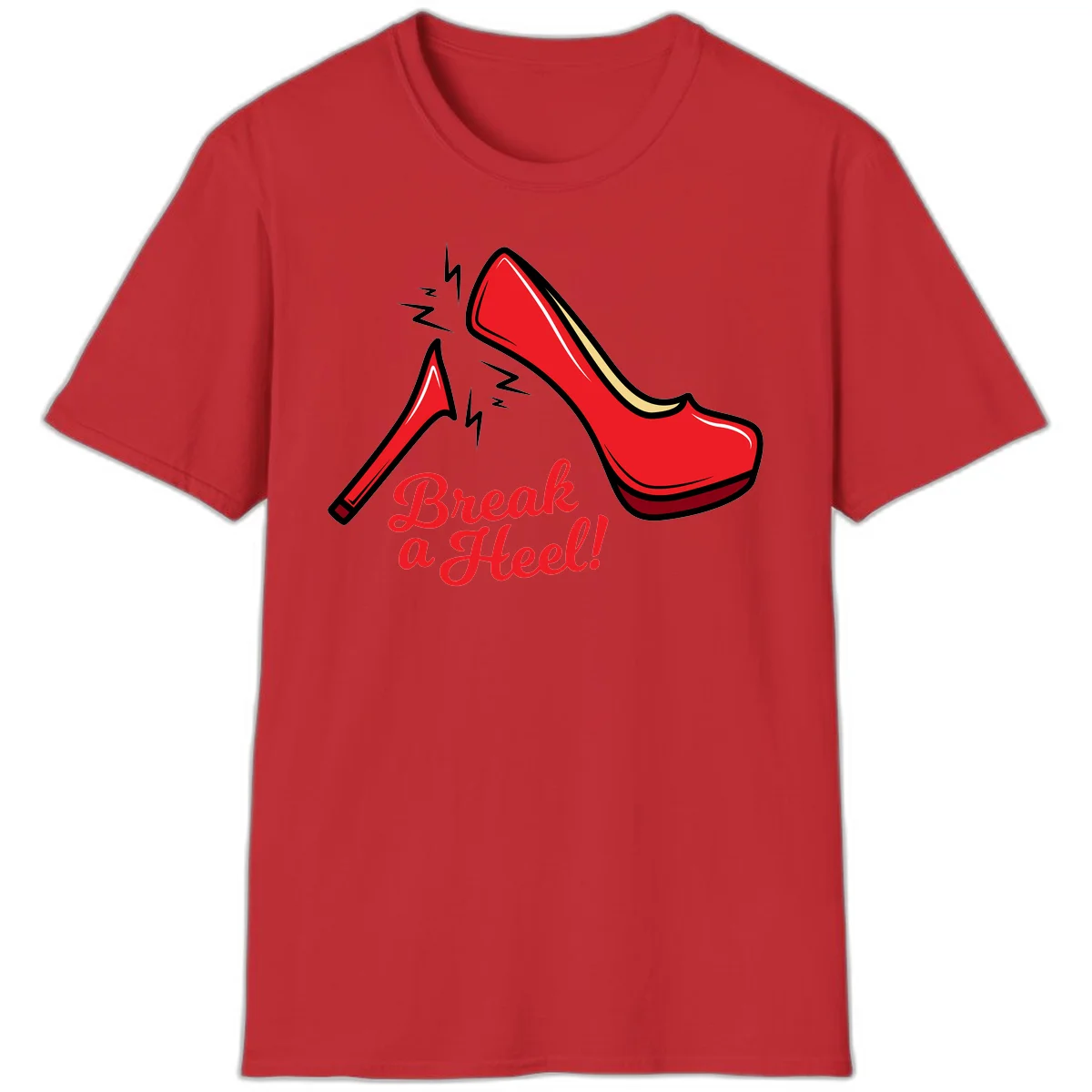 Illustration of red high heel shoes with lightning bolts and 'Break a Heel!' text - break-a-heel-fashion design in Red