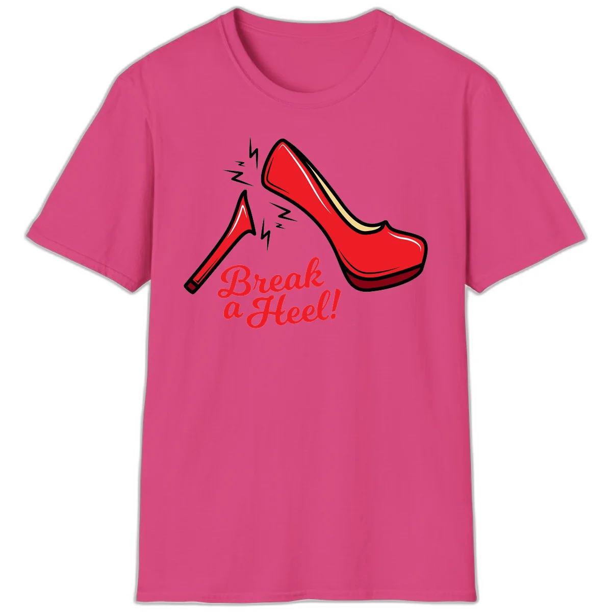 Illustration of red high heel shoes with lightning bolts and 'Break a Heel!' text - break-a-heel-fashion design in Heliconia