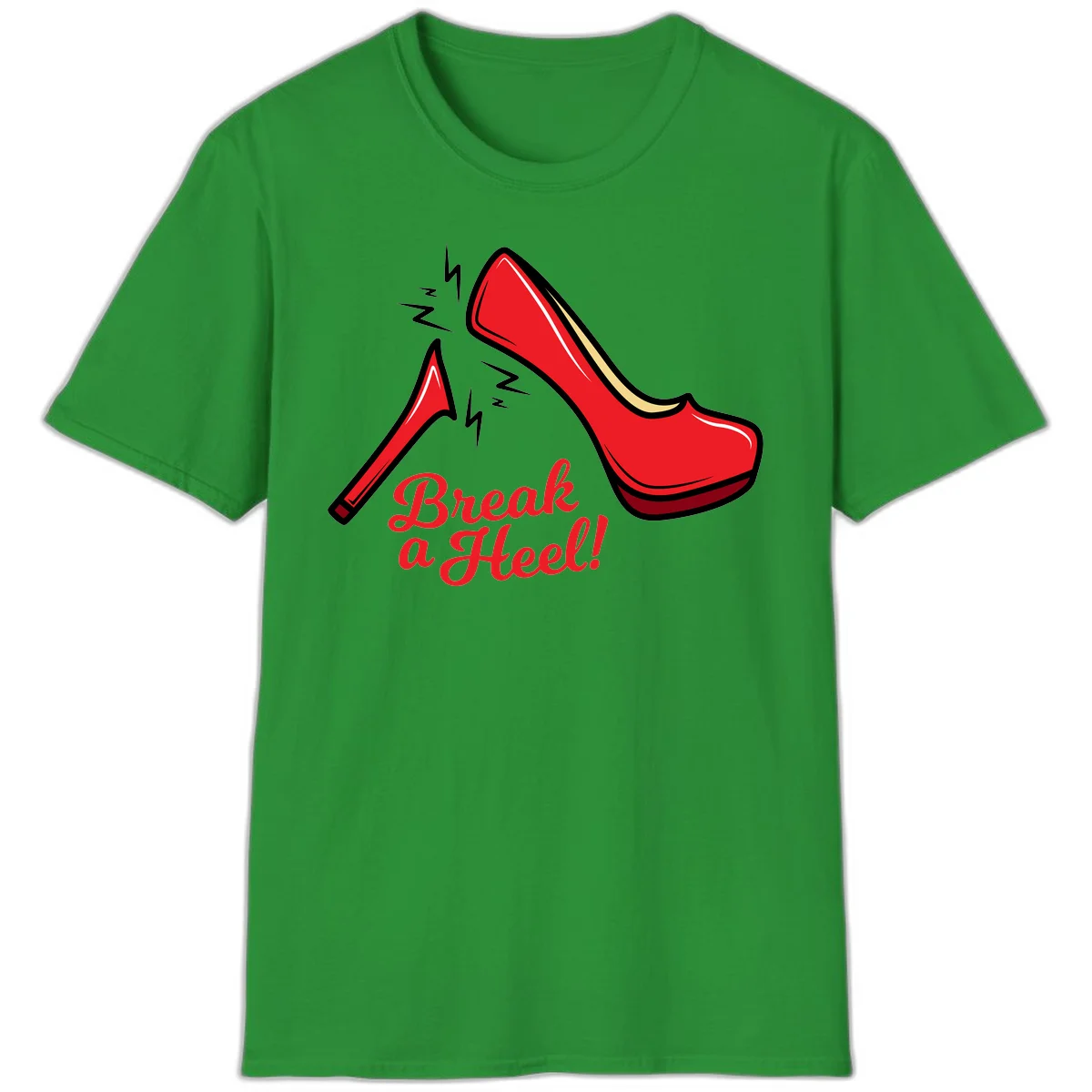 Illustration of red high heel shoes with lightning bolts and 'Break a Heel!' text - break-a-heel-fashion design in Irish Green