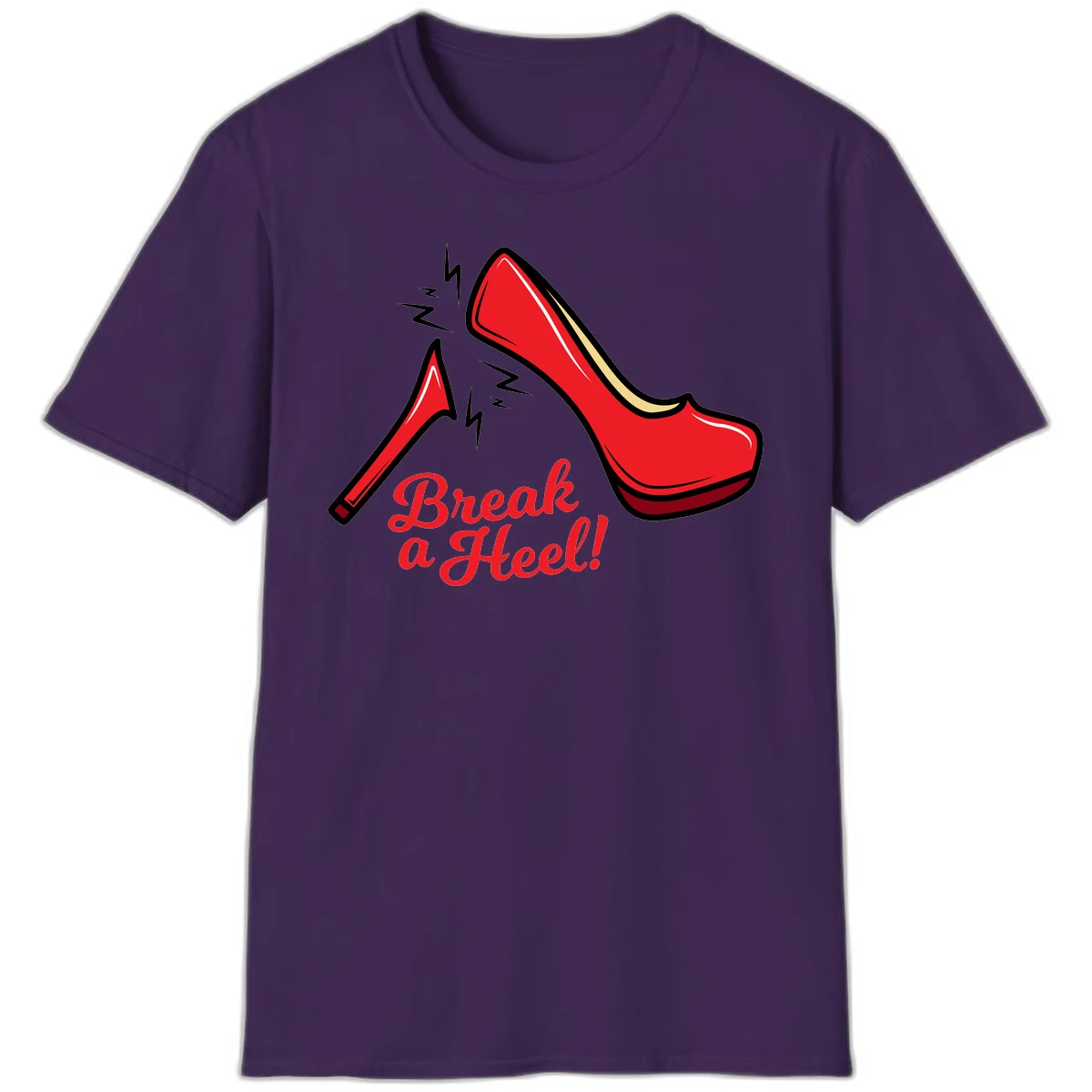 Illustration of red high heel shoes with lightning bolts and 'Break a Heel!' text - break-a-heel-fashion design in Purple