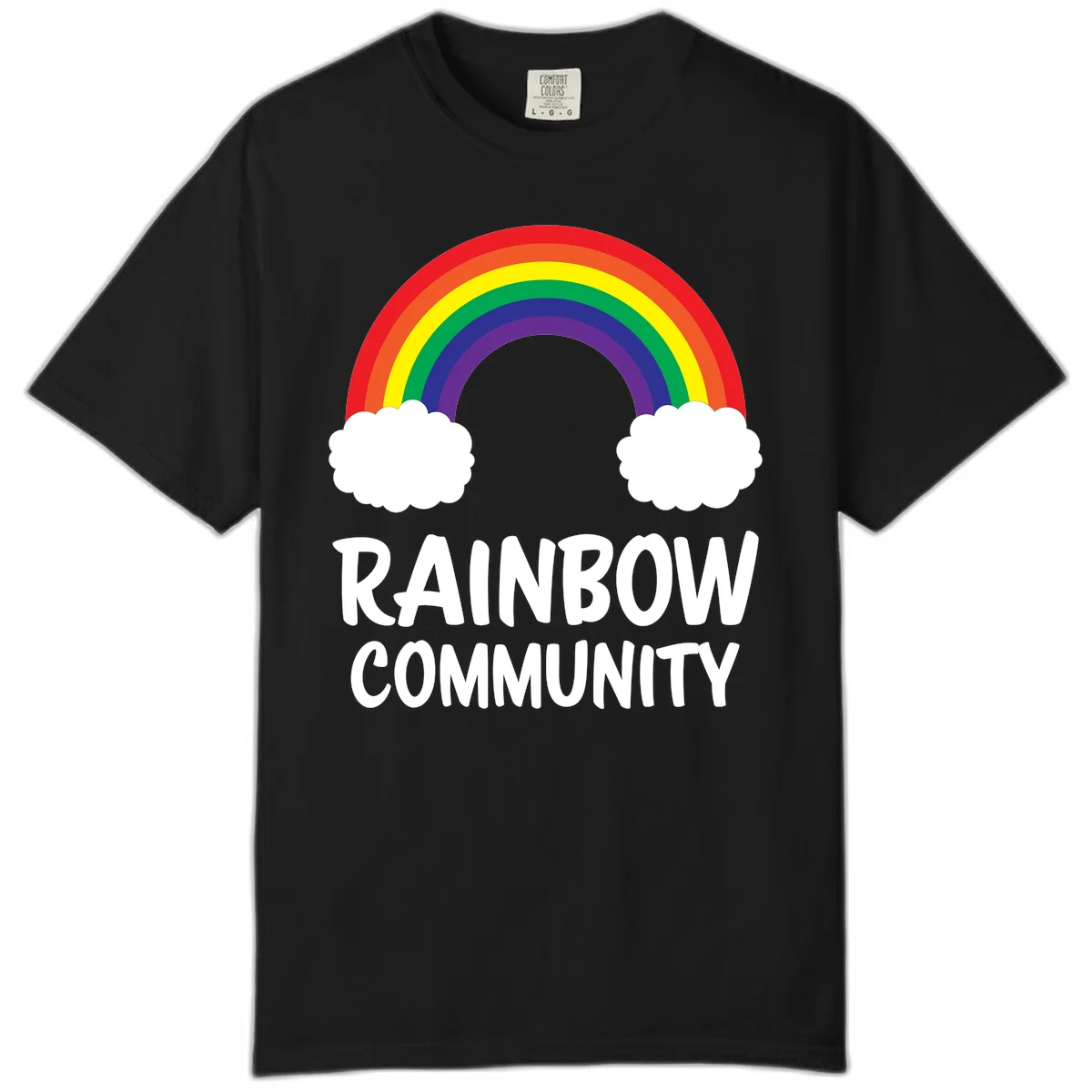 Rainbow arcing between two white clouds with 'RAINBOW COMMUNITY' text below, representing pride and inclusivity in Black