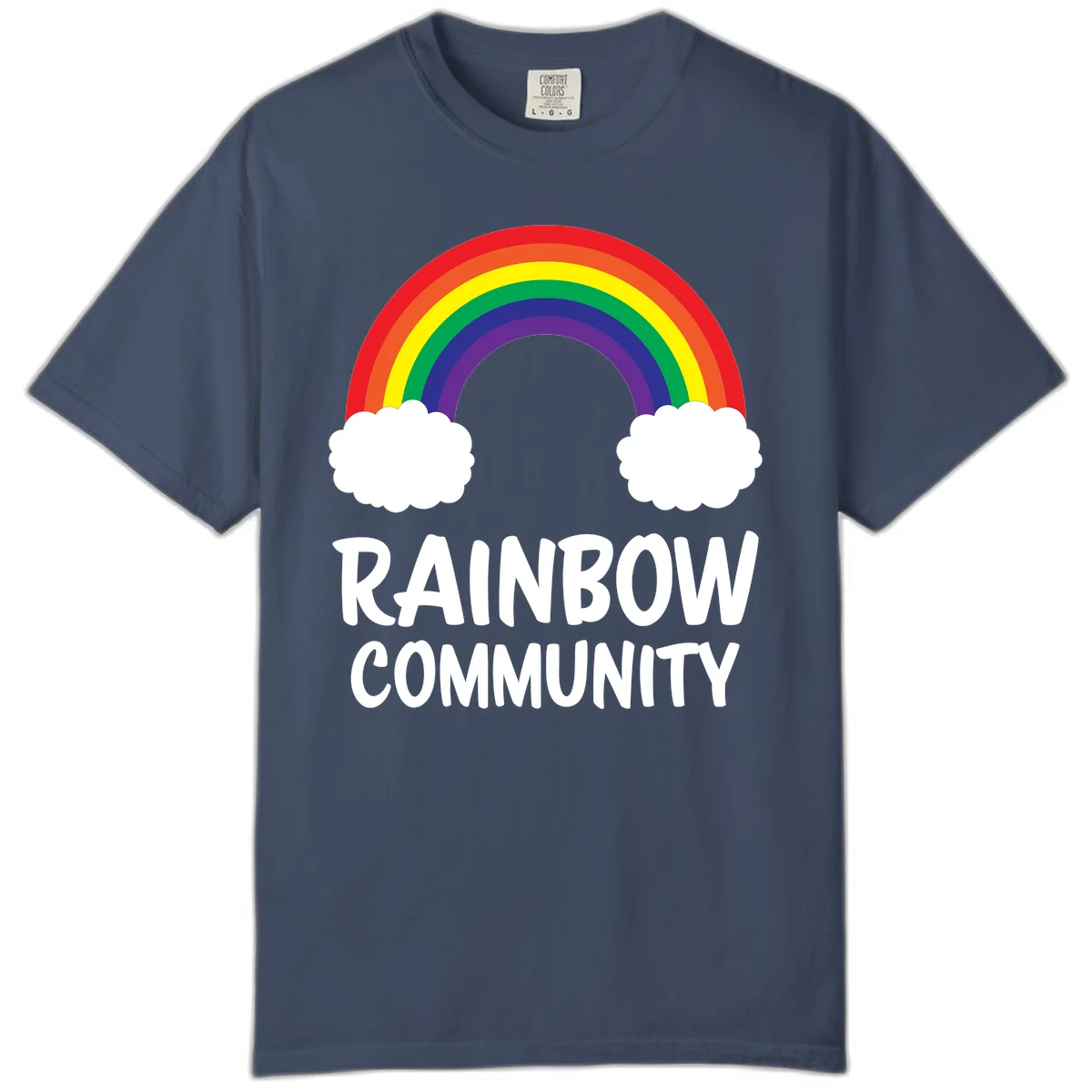Rainbow arcing between two white clouds with 'RAINBOW COMMUNITY' text below, representing pride and inclusivity in Midnight