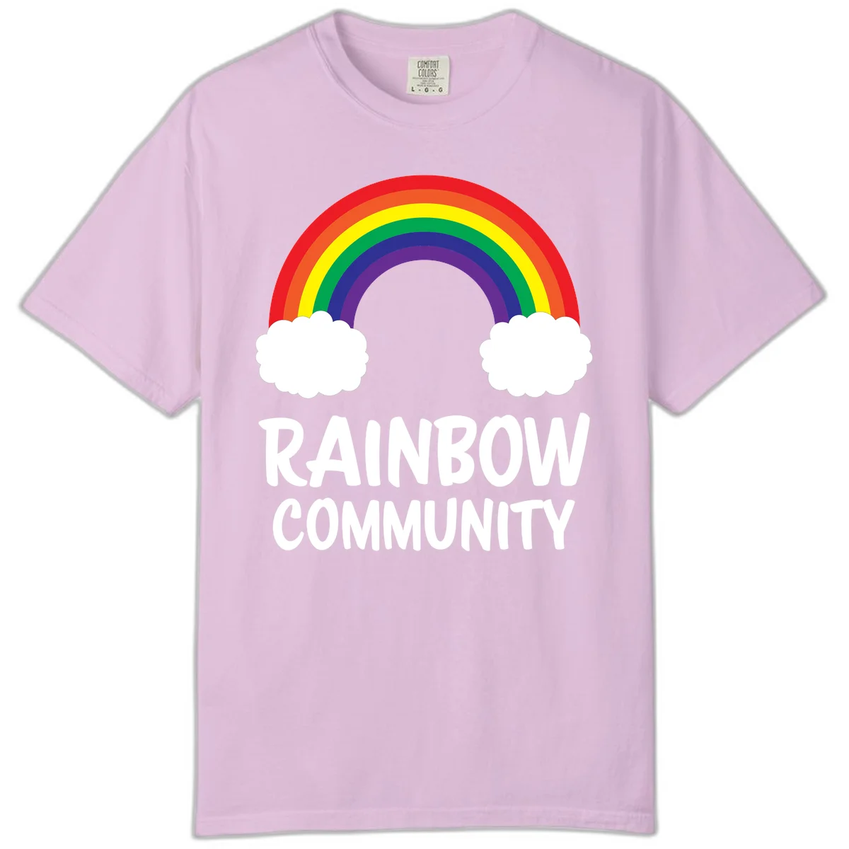 Rainbow arcing between two white clouds with 'RAINBOW COMMUNITY' text below, representing pride and inclusivity in Orchid