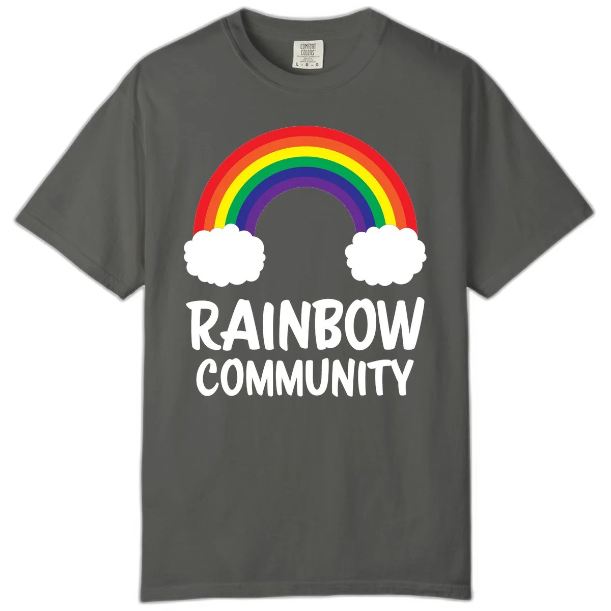 Rainbow arcing between two white clouds with 'RAINBOW COMMUNITY' text below, representing pride and inclusivity in Pepper