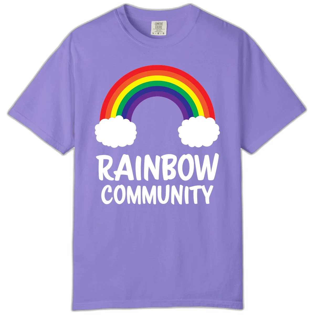 Rainbow arcing between two white clouds with 'RAINBOW COMMUNITY' text below, representing pride and inclusivity in Violet