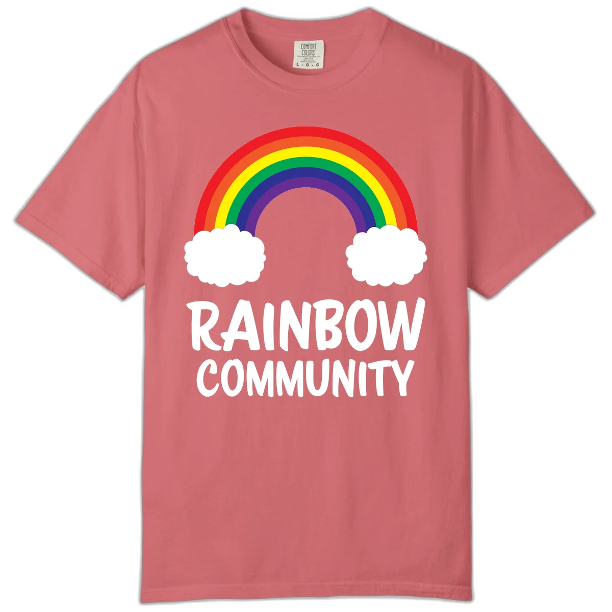 Rainbow arcing between two white clouds with 'RAINBOW COMMUNITY' text below, representing pride and inclusivity in Watermelon