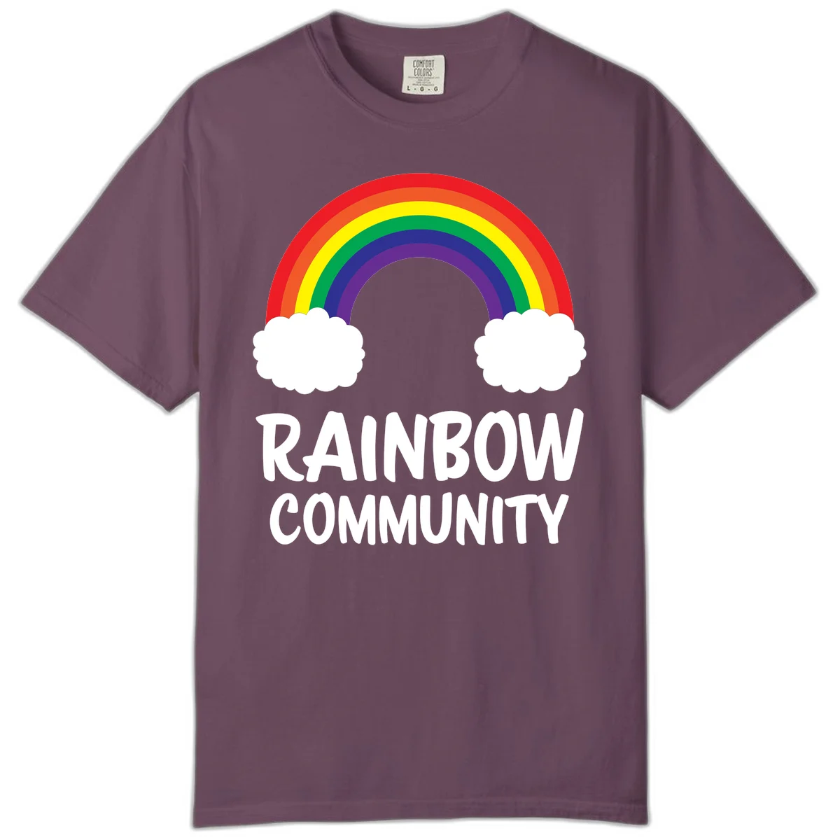Rainbow arcing between two white clouds with 'RAINBOW COMMUNITY' text below, representing pride and inclusivity in Berry