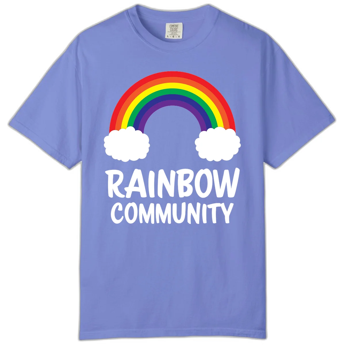 Rainbow arcing between two white clouds with 'RAINBOW COMMUNITY' text below, representing pride and inclusivity in Flo Blue