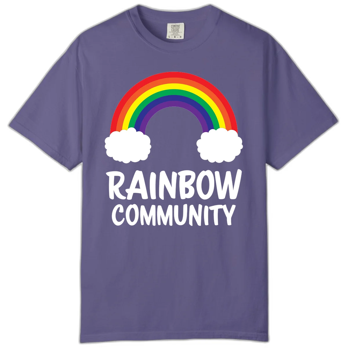 Rainbow arcing between two white clouds with 'RAINBOW COMMUNITY' text below, representing pride and inclusivity in Grape