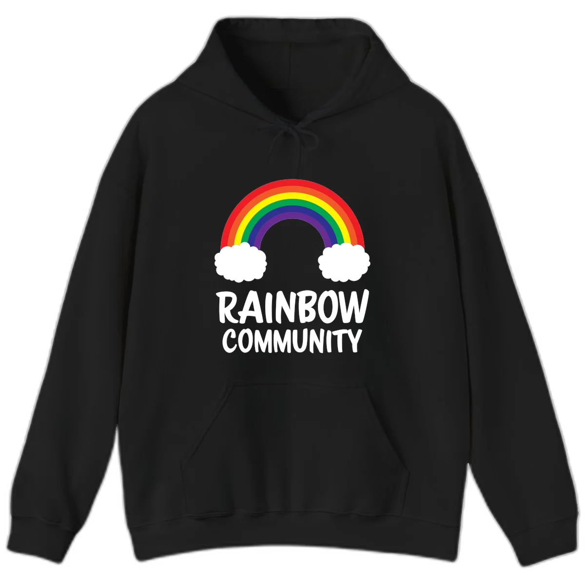 Rainbow arcing between two white clouds with 'RAINBOW COMMUNITY' text below, representing pride and inclusivity in Black