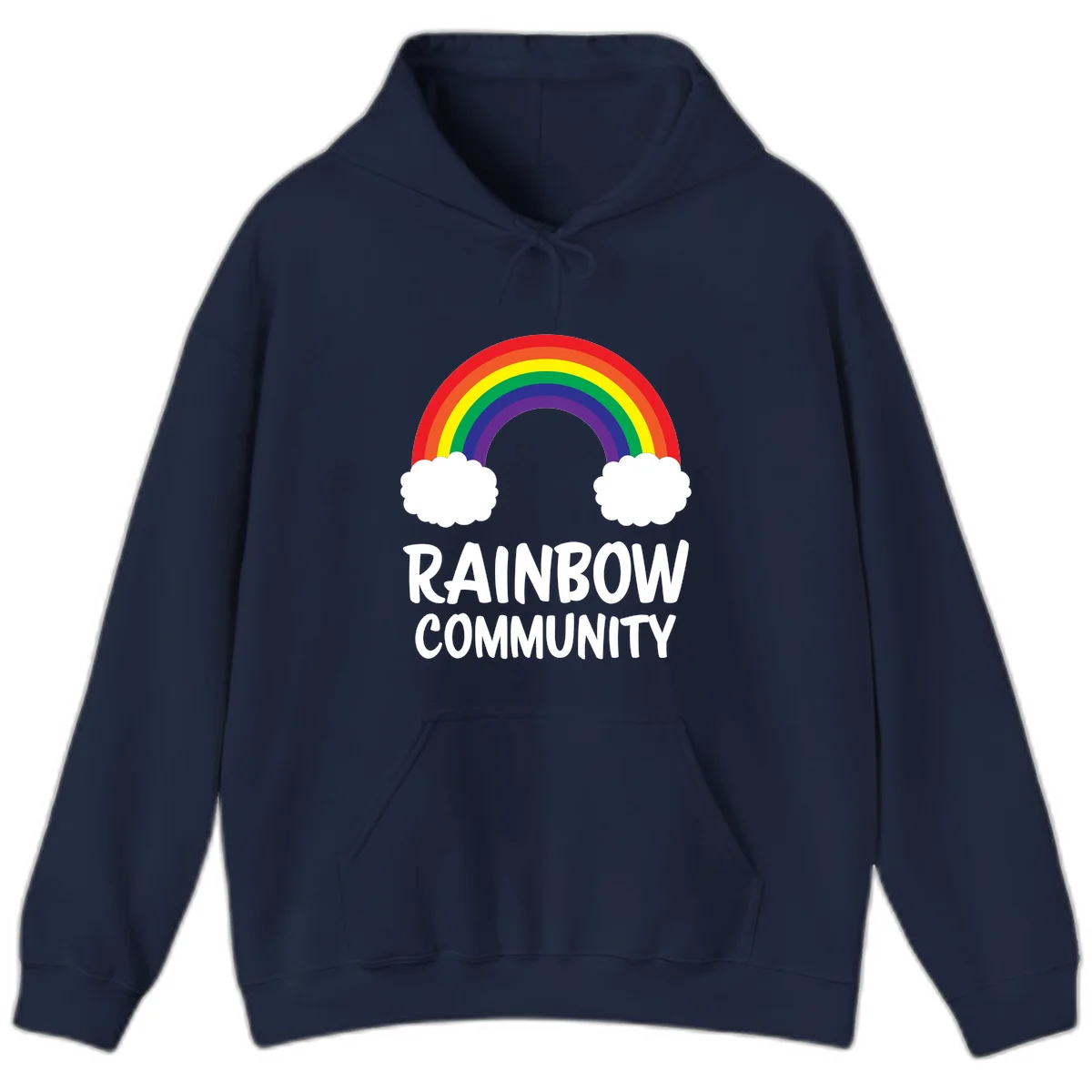 Rainbow arcing between two white clouds with 'RAINBOW COMMUNITY' text below, representing pride and inclusivity in Navy