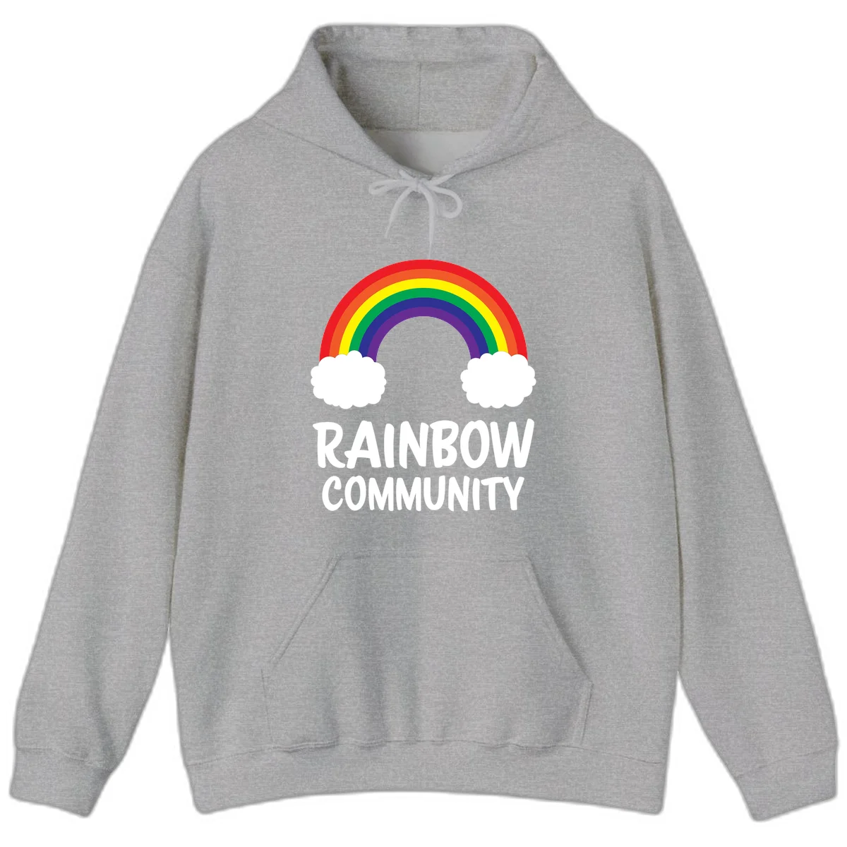 Rainbow arcing between two white clouds with 'RAINBOW COMMUNITY' text below, representing pride and inclusivity in Sport Grey