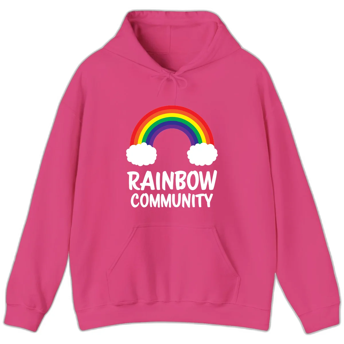 Rainbow arcing between two white clouds with 'RAINBOW COMMUNITY' text below, representing pride and inclusivity in Heliconia