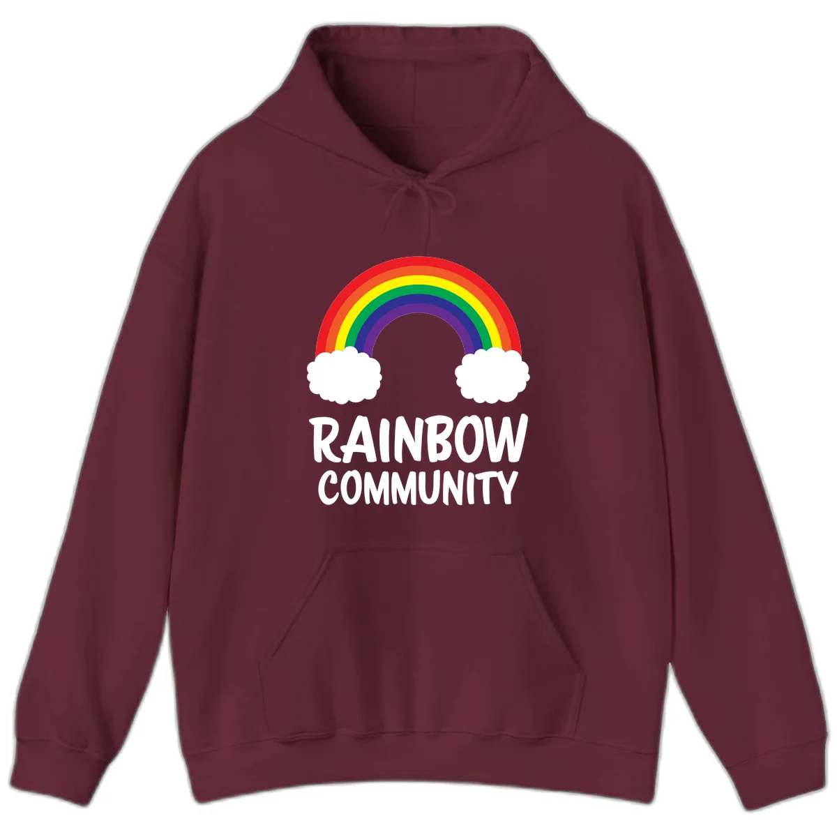 Rainbow arcing between two white clouds with 'RAINBOW COMMUNITY' text below, representing pride and inclusivity in Maroon