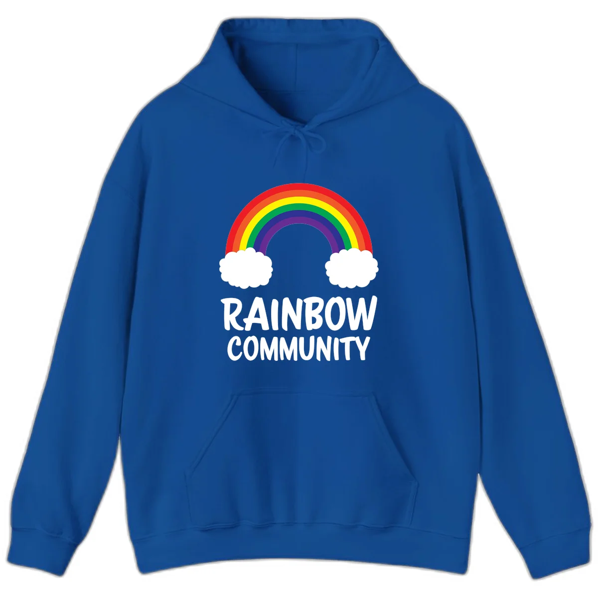 Rainbow arcing between two white clouds with 'RAINBOW COMMUNITY' text below, representing pride and inclusivity in Royal