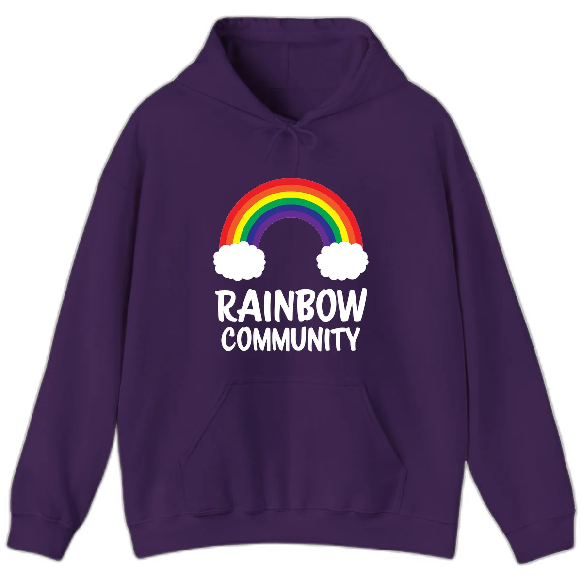 Rainbow arcing between two white clouds with 'RAINBOW COMMUNITY' text below, representing pride and inclusivity in Purple