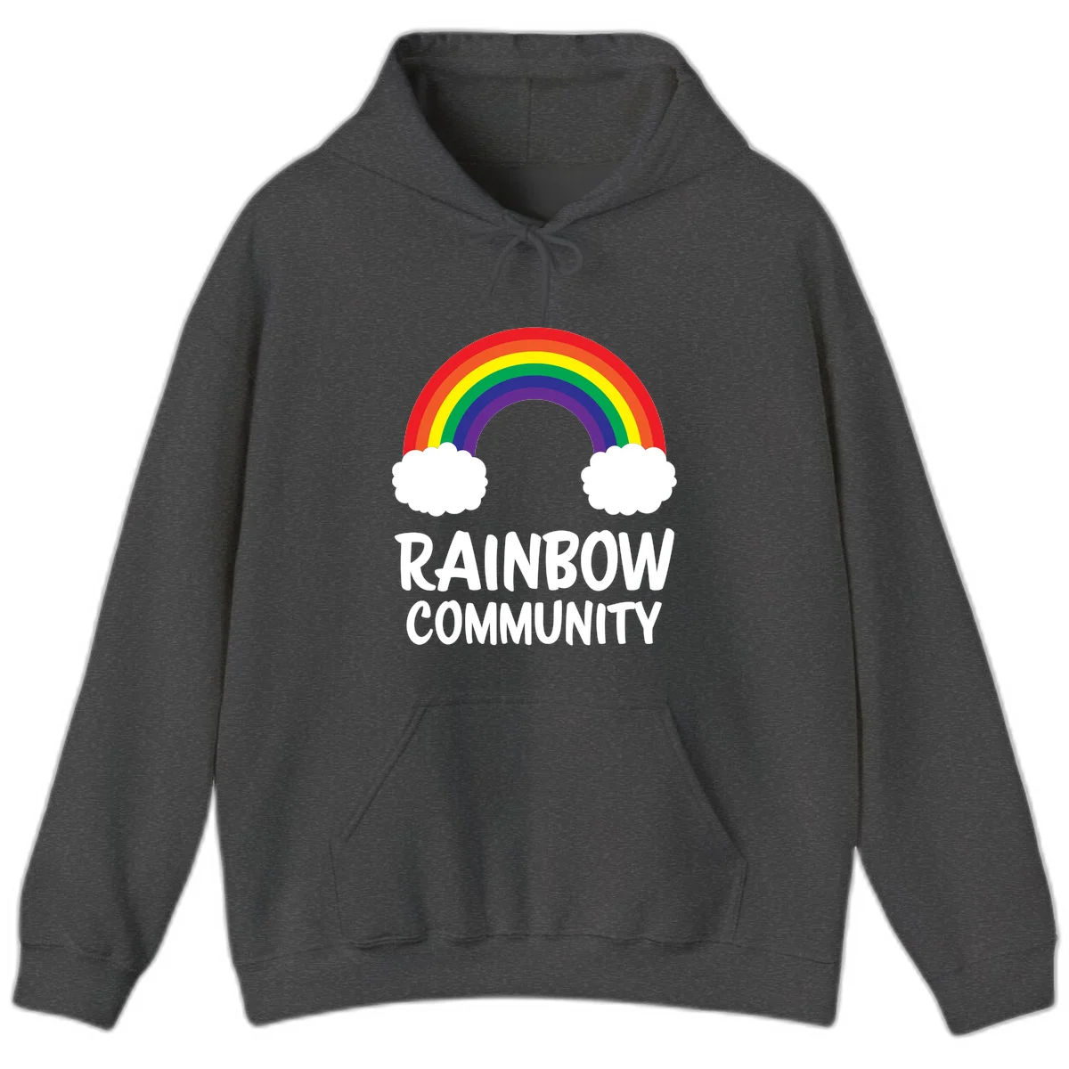 Rainbow arcing between two white clouds with 'RAINBOW COMMUNITY' text below, representing pride and inclusivity in Dark Heather