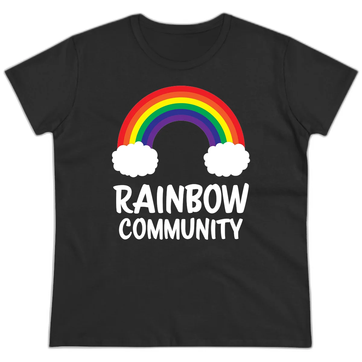 Rainbow arcing between two white clouds with 'RAINBOW COMMUNITY' text below, representing pride and inclusivity in Black