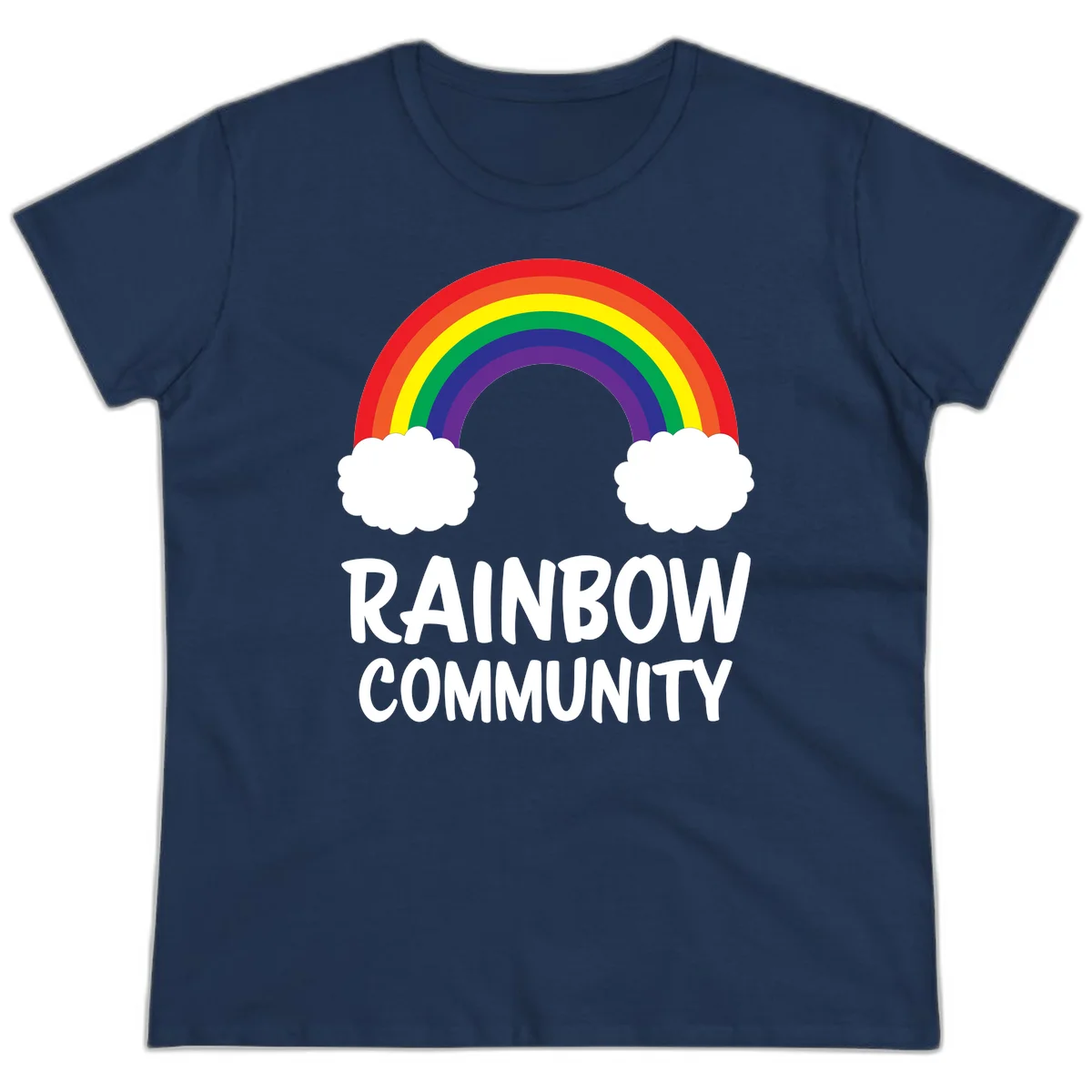 Rainbow arcing between two white clouds with 'RAINBOW COMMUNITY' text below, representing pride and inclusivity in Navy