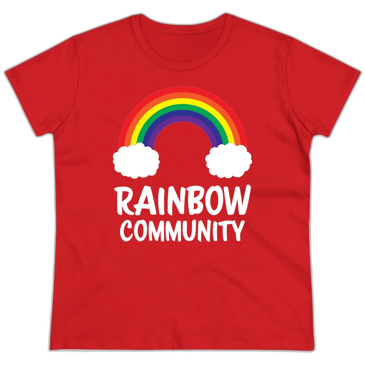 Rainbow arcing between two white clouds with 'RAINBOW COMMUNITY' text below, representing pride and inclusivity in Red