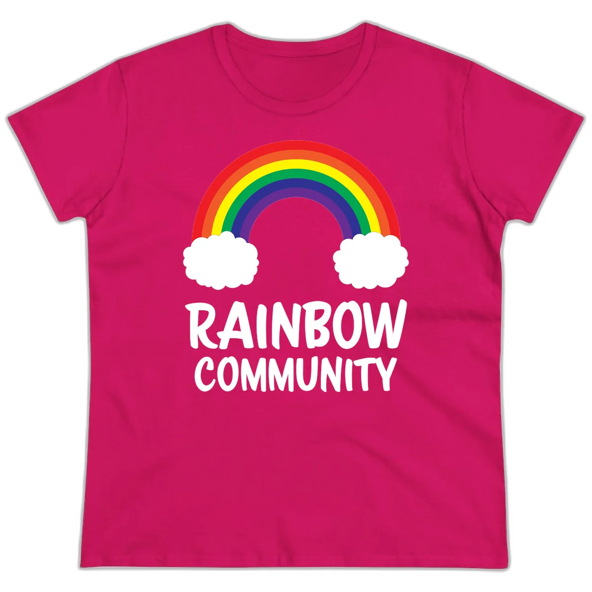 Rainbow arcing between two white clouds with 'RAINBOW COMMUNITY' text below, representing pride and inclusivity in Heliconia
