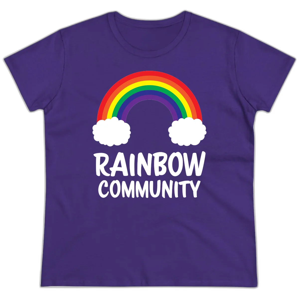 Rainbow arcing between two white clouds with 'RAINBOW COMMUNITY' text below, representing pride and inclusivity in Purple
