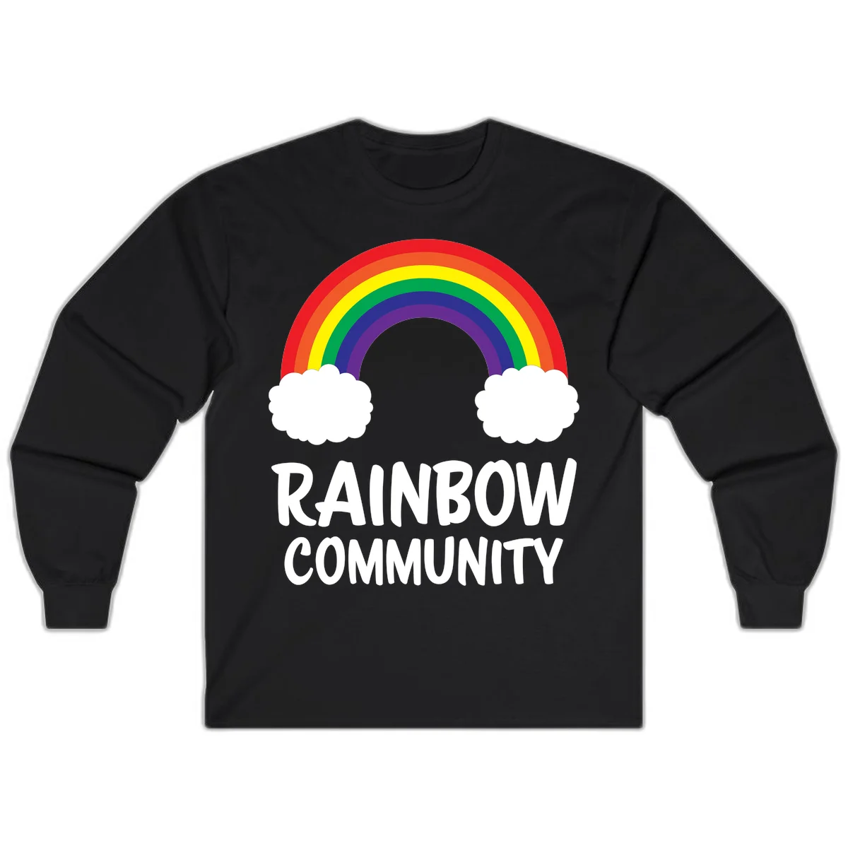 Rainbow arcing between two white clouds with 'RAINBOW COMMUNITY' text below, representing pride and inclusivity in Black