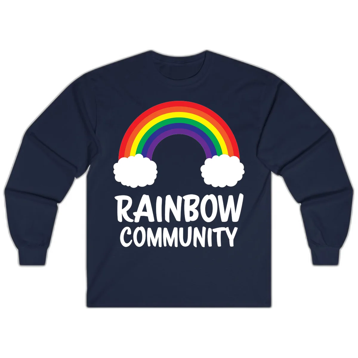 Rainbow arcing between two white clouds with 'RAINBOW COMMUNITY' text below, representing pride and inclusivity in Navy