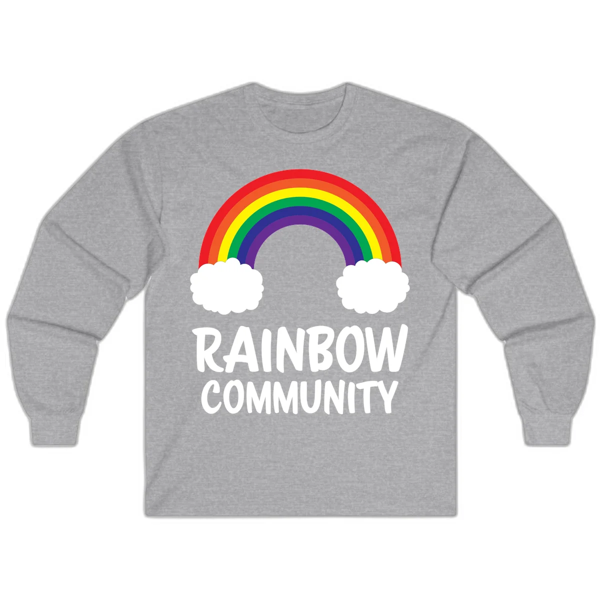 Rainbow arcing between two white clouds with 'RAINBOW COMMUNITY' text below, representing pride and inclusivity in Sport Grey