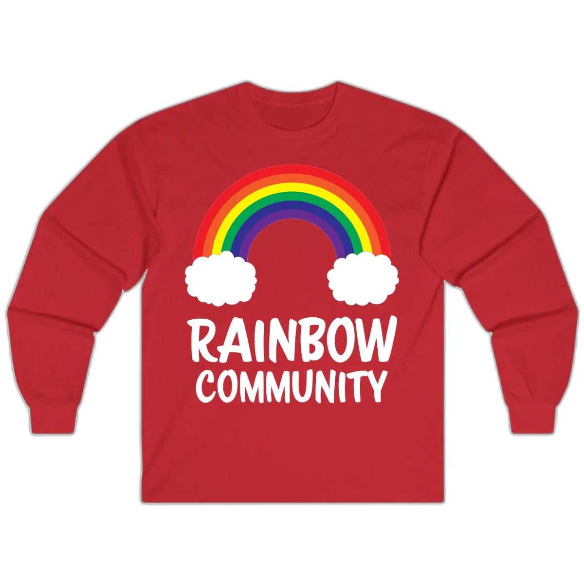 Rainbow arcing between two white clouds with 'RAINBOW COMMUNITY' text below, representing pride and inclusivity in Red