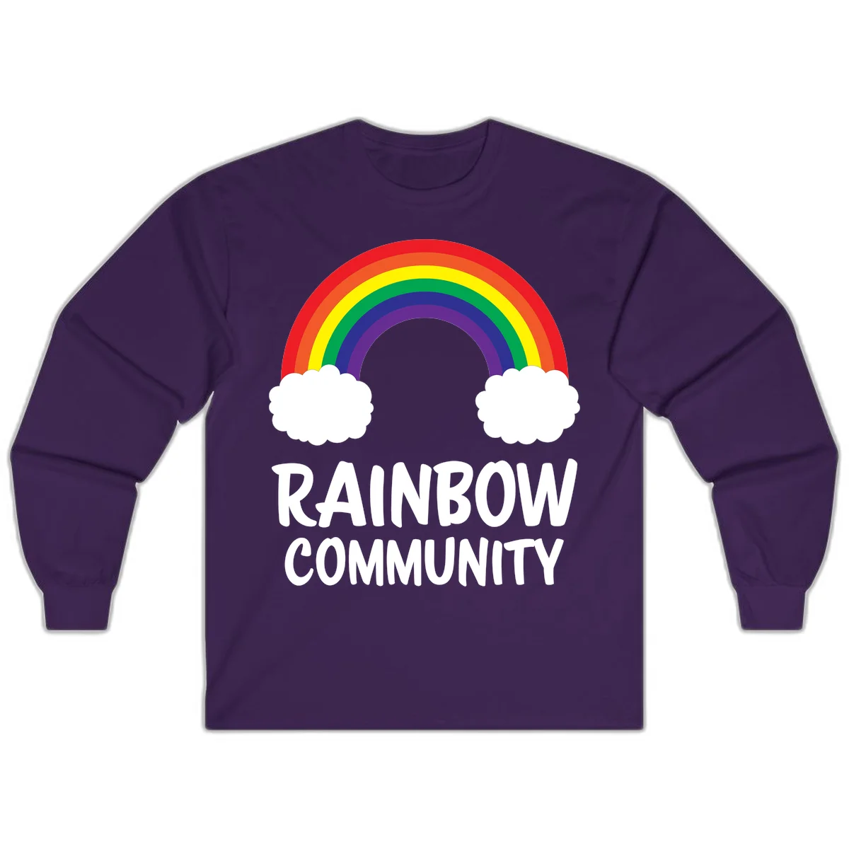 Rainbow arcing between two white clouds with 'RAINBOW COMMUNITY' text below, representing pride and inclusivity in Purple