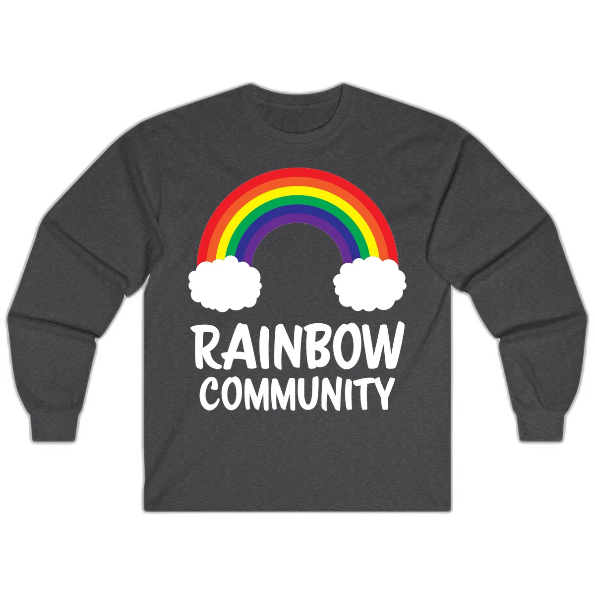 Rainbow arcing between two white clouds with 'RAINBOW COMMUNITY' text below, representing pride and inclusivity in Dark Heather