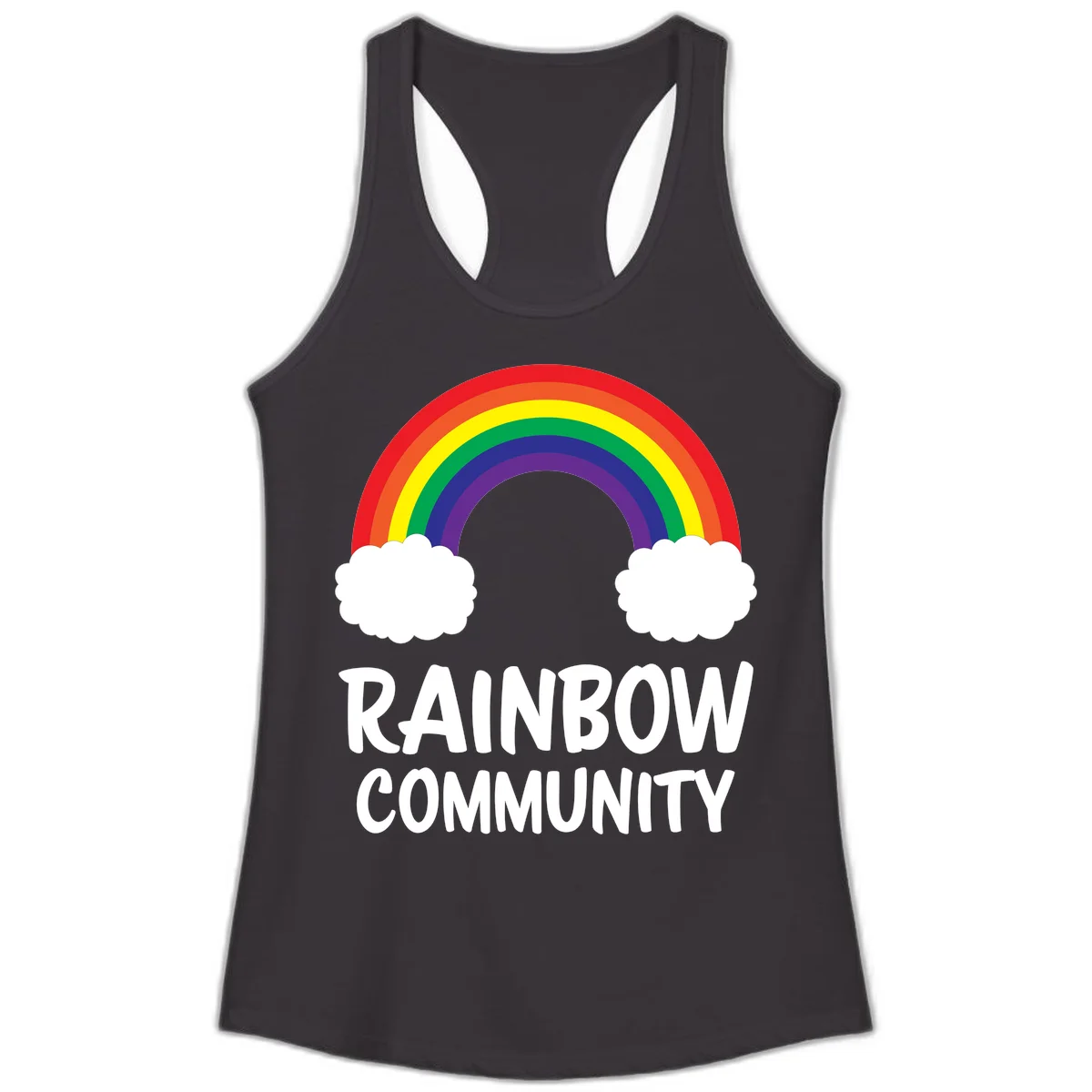 Rainbow arcing between two white clouds with 'RAINBOW COMMUNITY' text below, representing pride and inclusivity in Black