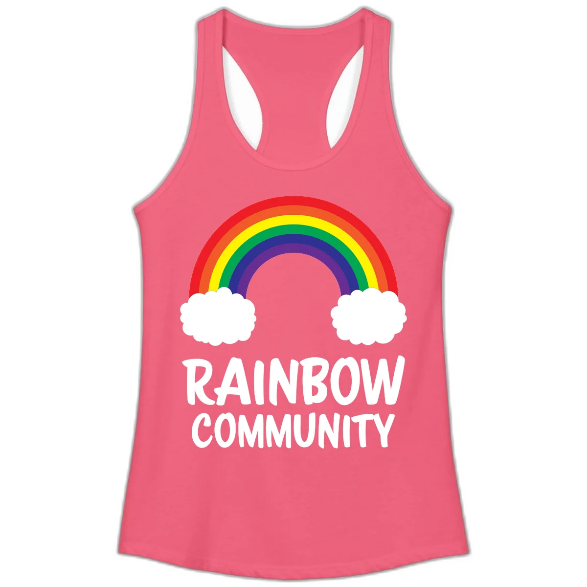 Rainbow arcing between two white clouds with 'RAINBOW COMMUNITY' text below, representing pride and inclusivity in Hot Pink