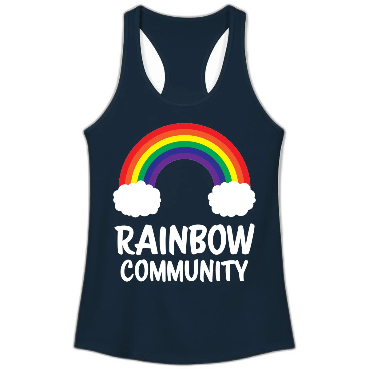 Rainbow arcing between two white clouds with 'RAINBOW COMMUNITY' text below, representing pride and inclusivity in Solid Midnight Navy