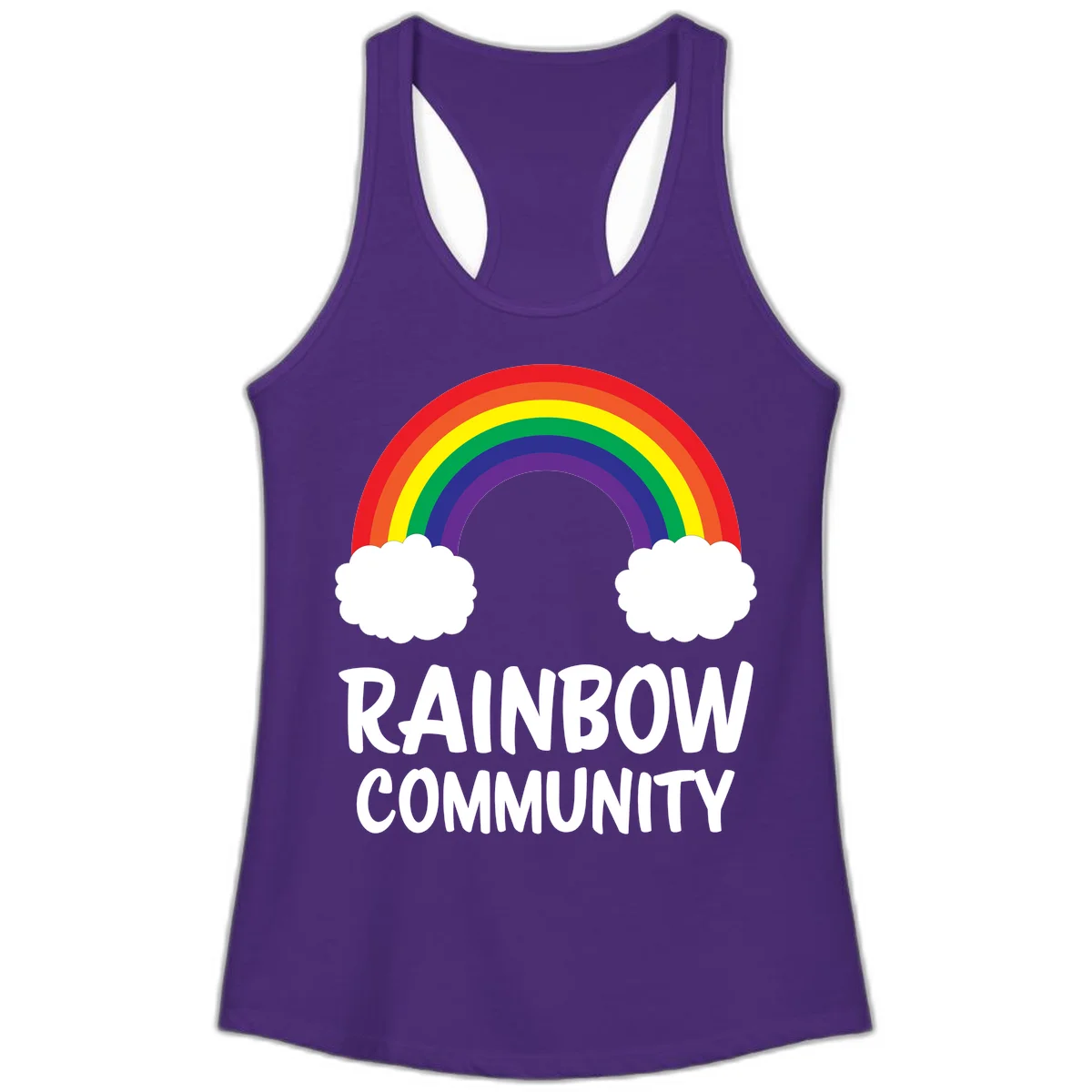 Rainbow arcing between two white clouds with 'RAINBOW COMMUNITY' text below, representing pride and inclusivity in Solid Purple Rush