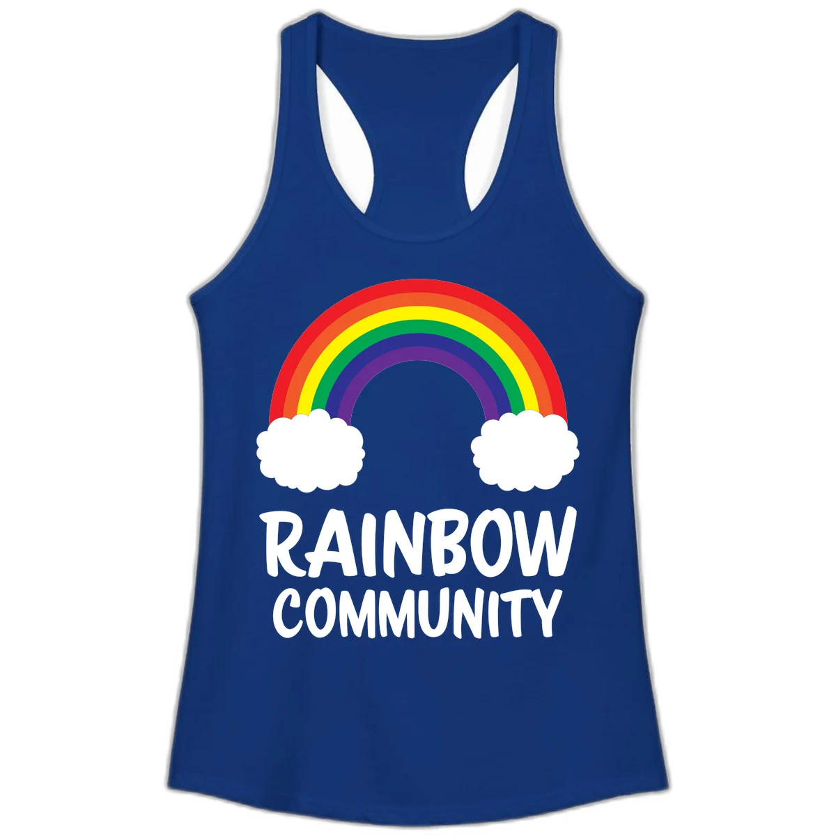 Rainbow arcing between two white clouds with 'RAINBOW COMMUNITY' text below, representing pride and inclusivity in Solid Royal