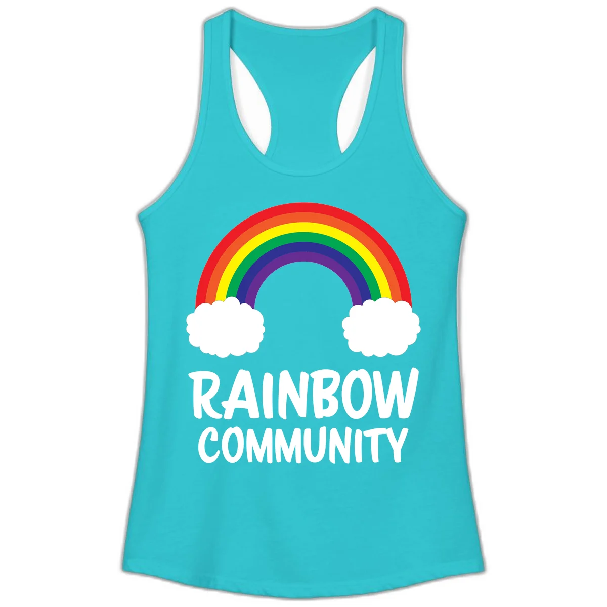 Rainbow arcing between two white clouds with 'RAINBOW COMMUNITY' text below, representing pride and inclusivity in Solid Tahiti Blue