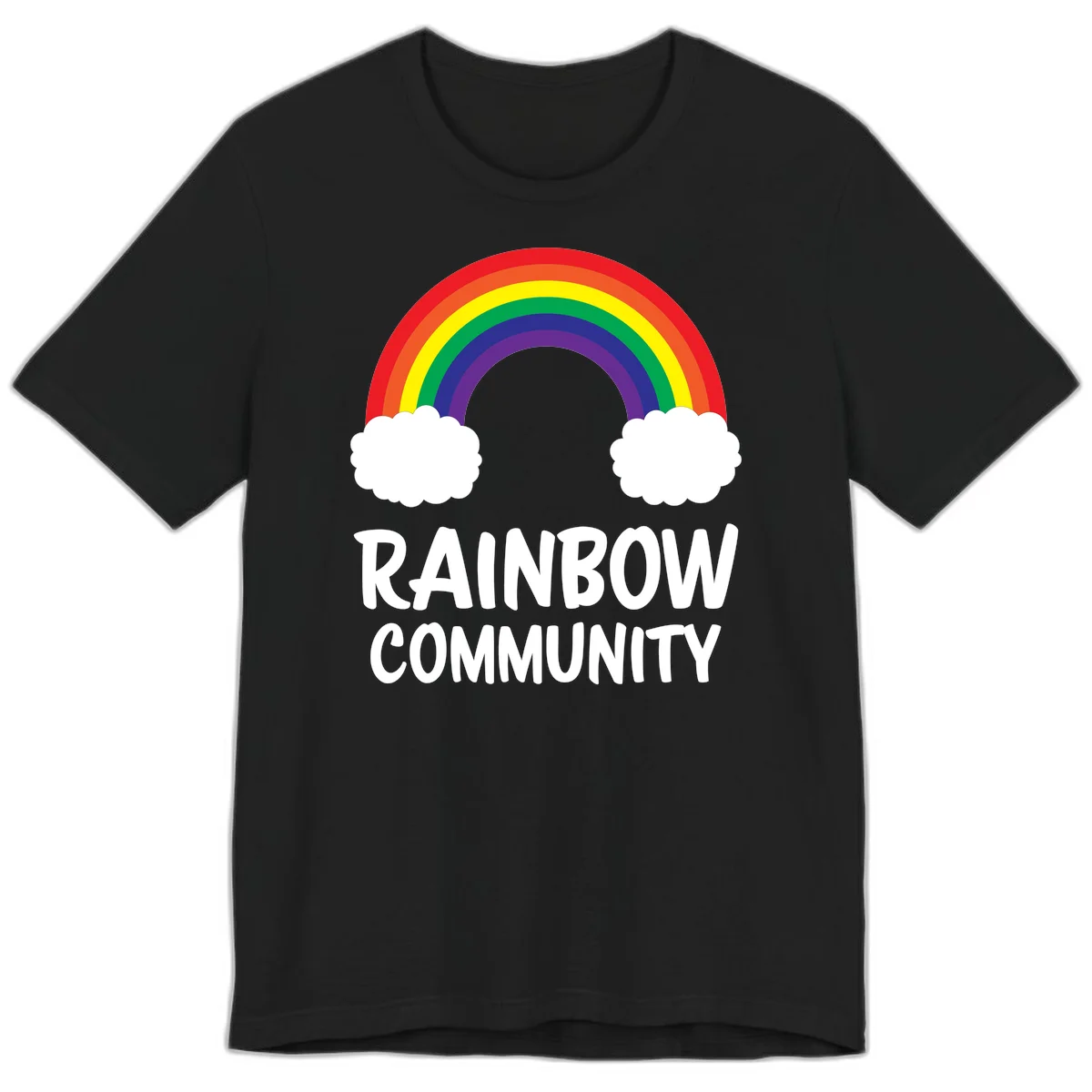 Rainbow arcing between two white clouds with 'RAINBOW COMMUNITY' text below, representing pride and inclusivity in Black