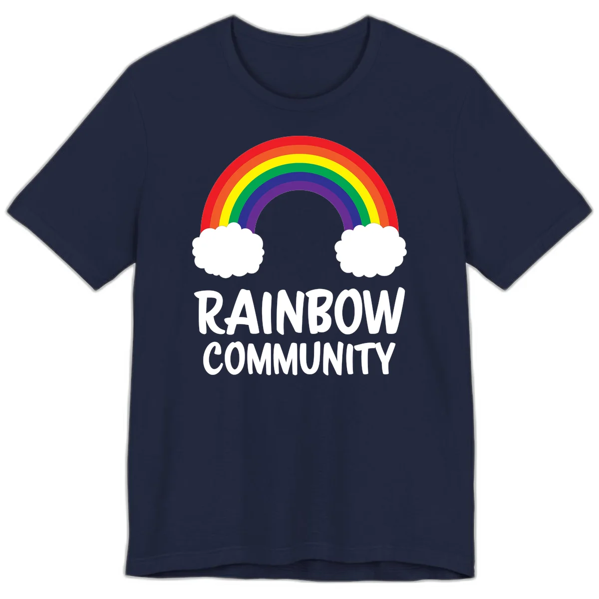 Rainbow arcing between two white clouds with 'RAINBOW COMMUNITY' text below, representing pride and inclusivity in Navy