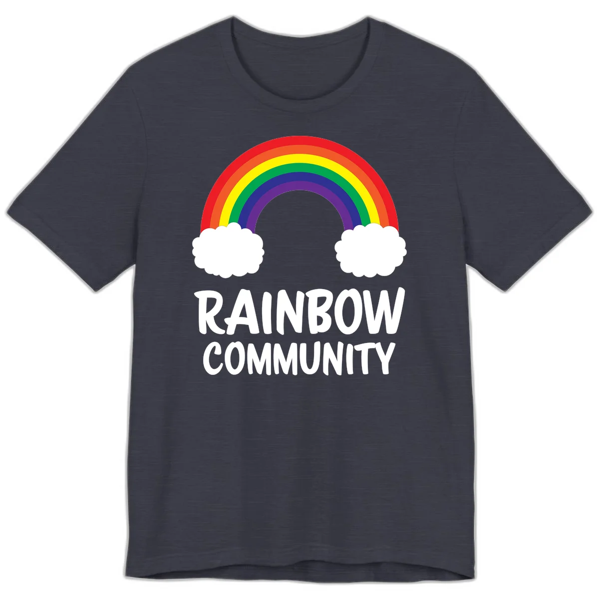 Rainbow arcing between two white clouds with 'RAINBOW COMMUNITY' text below, representing pride and inclusivity in Heather Midnight Navy