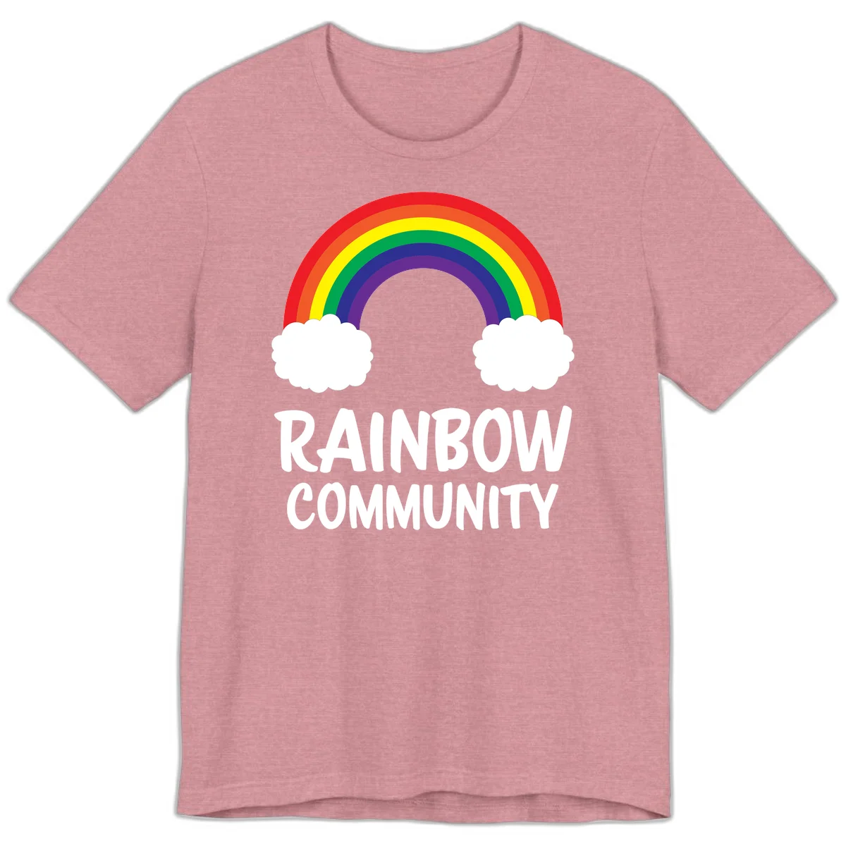 Rainbow arcing between two white clouds with 'RAINBOW COMMUNITY' text below, representing pride and inclusivity in Heather Orchid