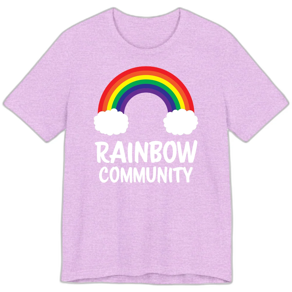 Rainbow arcing between two white clouds with 'RAINBOW COMMUNITY' text below, representing pride and inclusivity in Heather Prism Lilac