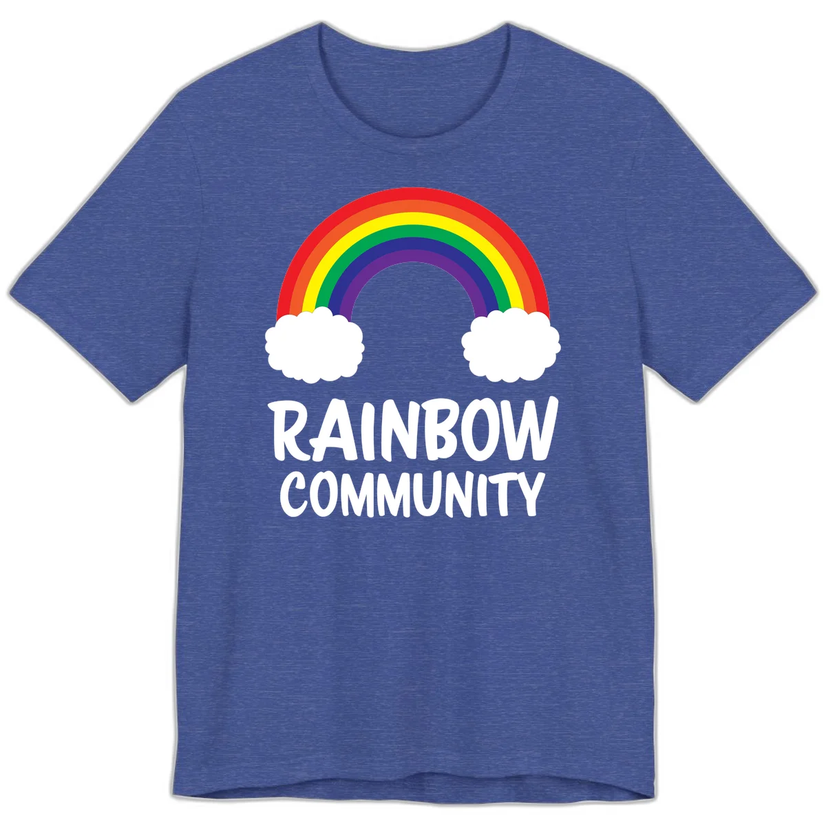 Rainbow arcing between two white clouds with 'RAINBOW COMMUNITY' text below, representing pride and inclusivity in Heather True Royal